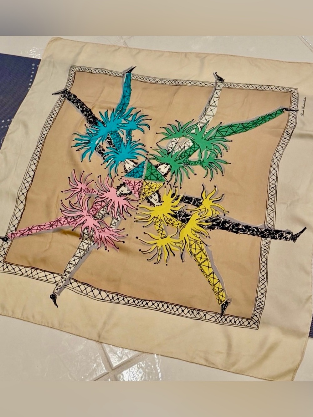 Brooke Cadwallader Carnival Mid Century Era  Colorful Silk Scarf